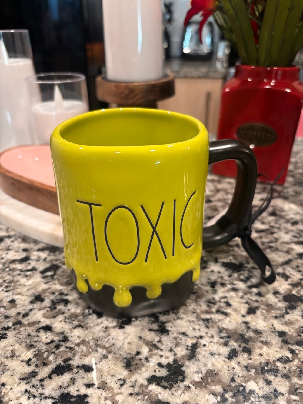 Rae Dunn Neon Lime Green and Black 'TOXIC' Drip Ceramic Mug